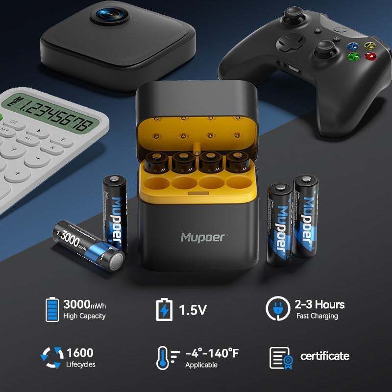 Mupoer® PowerPro AA Li-ion Batteries - 3000mWh 1.5V Rechargeable