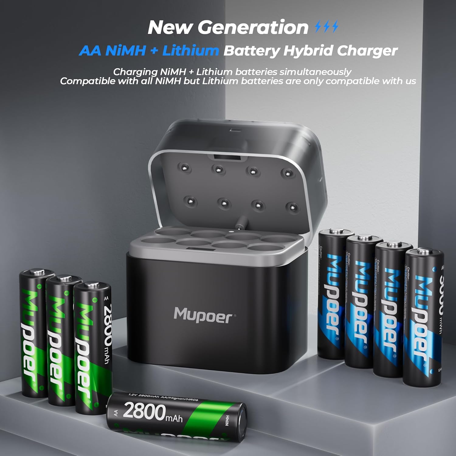 Mupoer Rechargeable AA Battery Charger Case for Lithium & NiMH AA Batteries