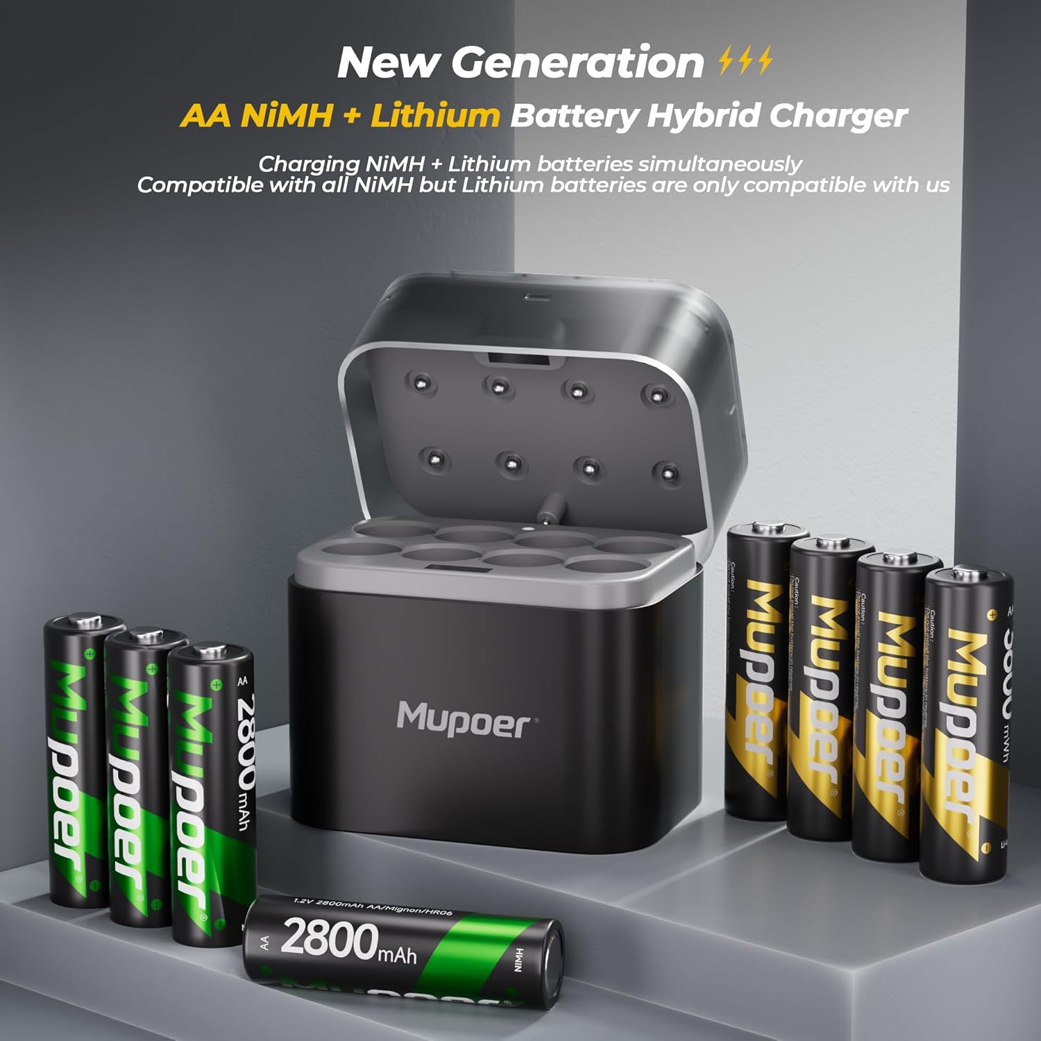Mupoer Rechargeable AA Battery Charger Case for Lithium & NiMH AA Batteries