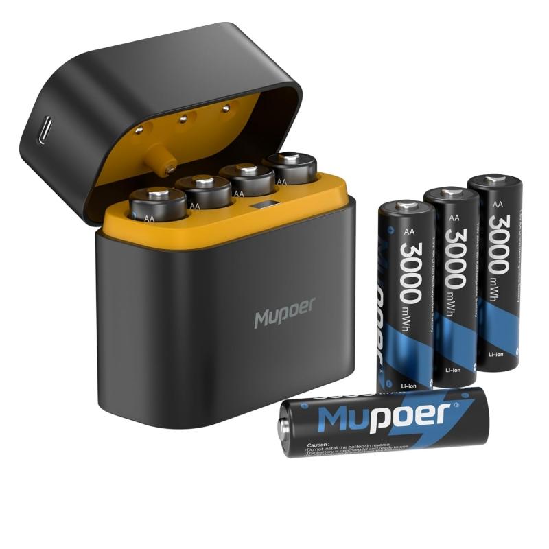 Mupoer® Rechargeable AA Batteries-3000mWh 1.5V-4 Slot Charger+ AA Batteries